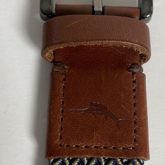 Tommy Bahama Leather Trim Woven Stretch Belt Blue Tan Braided Elastic Size S/M - Picture 3 of 9